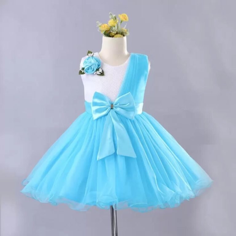 Babyhug Cold Shoulder Frock with Bow Belt Floral Embroidery - Blue