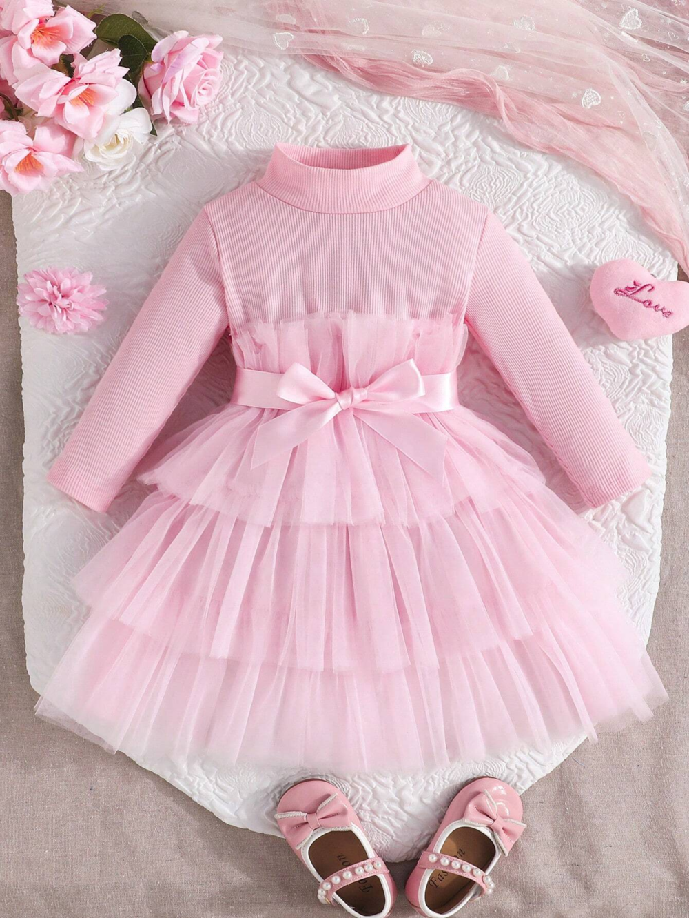 Baby Pink High Neck Tie Frock