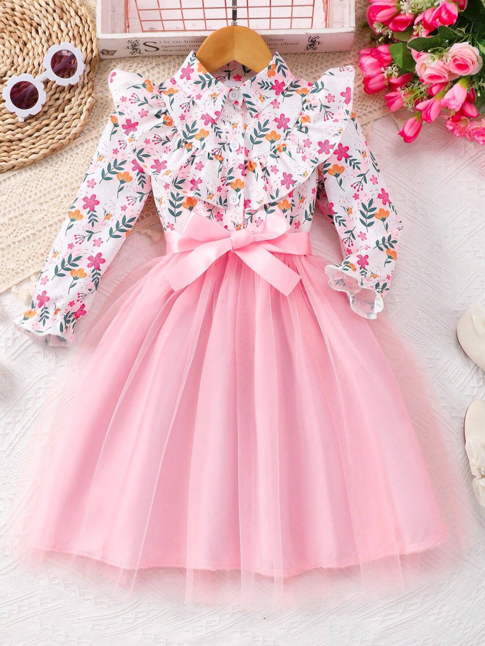 Baby Long Sleeve Floral Print Collared Frock