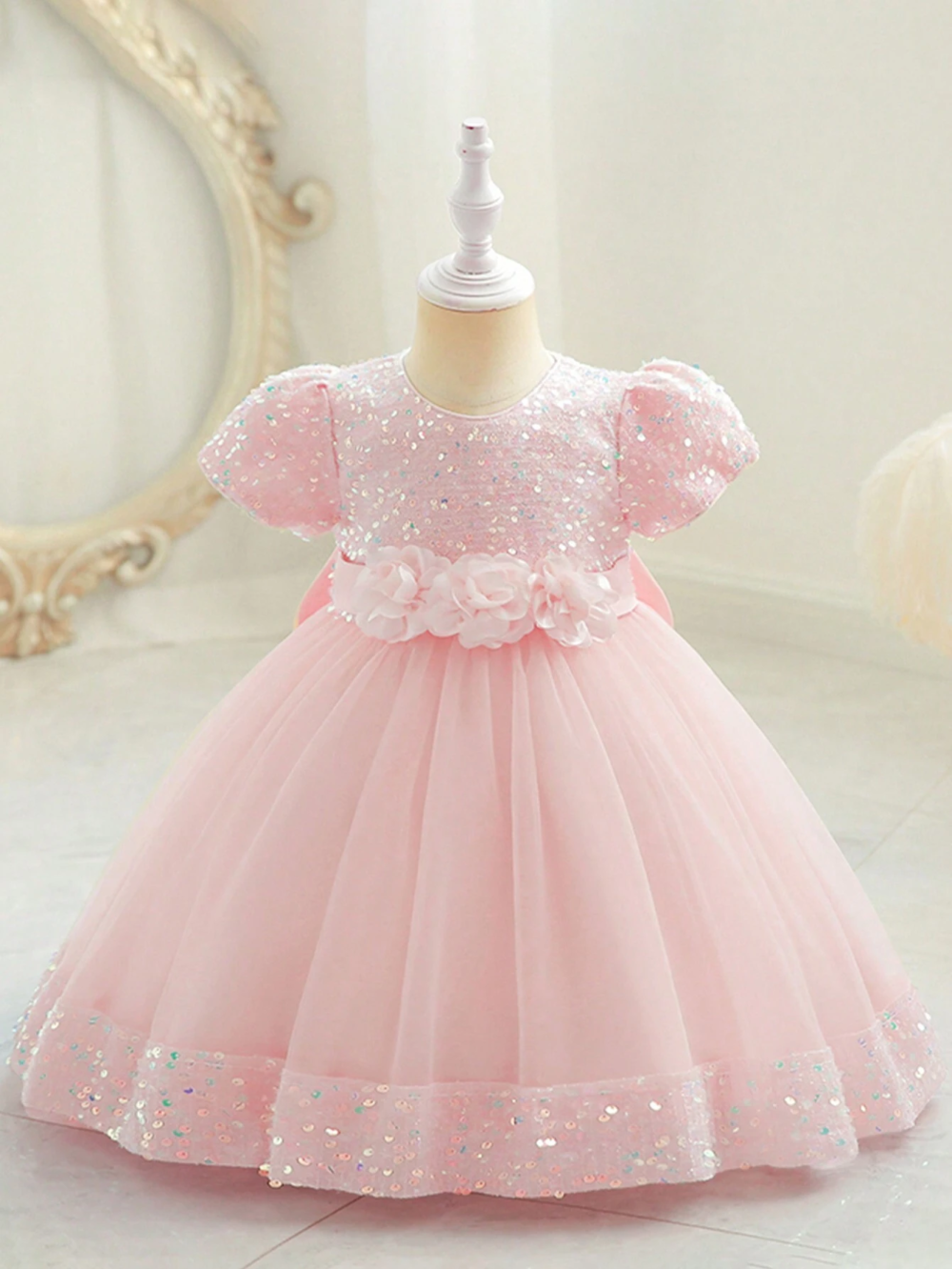 Baby Pink Sequin Back Bow Frock